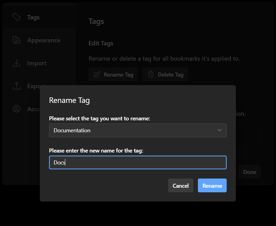 Screenshot of the rename tag dialog